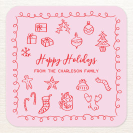 Holiday Scribble Illustratie Doodle Roze en Rood Vierkante Sticker