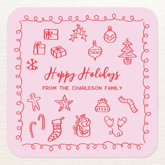 Holiday Scribble Illustratie Doodle Roze en Rood Vierkante Sticker