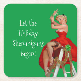 Holiday Shenanigans Retro Pinup Kerstmis Kartonnen Onderzetters