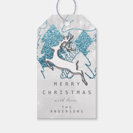 Holiday Silver Blue Grey kerstrendiertje 3D Cadeaulabel (Voorkant)