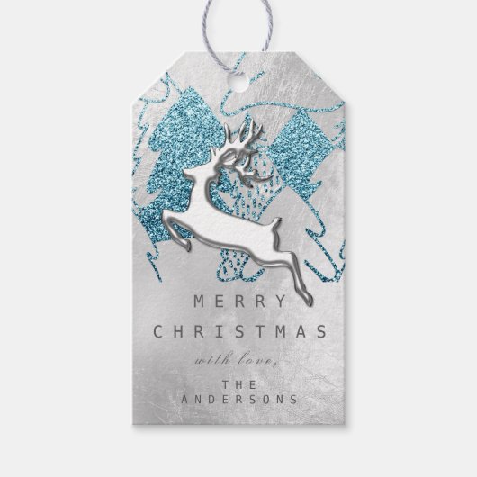 Holiday Silver Blue Grey kerstrendiertje 3D Cadeaulabel (Voorkant)