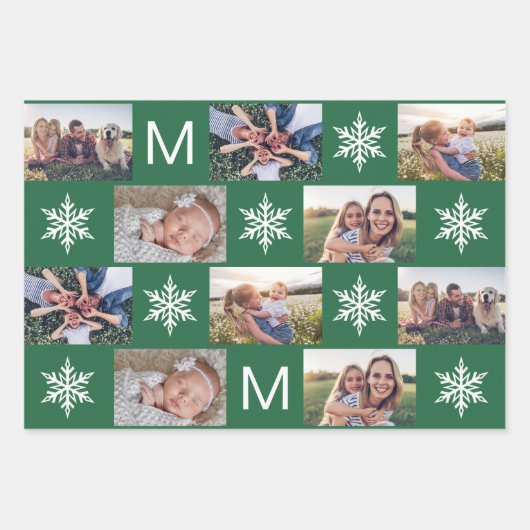 Holiday Snowflakes en Monogram Fotocollage Inpakpapier Vel (Voorkant 3)