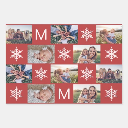 Holiday Snowflakes en Monogram Fotocollage Inpakpapier Vel (Voorkant)