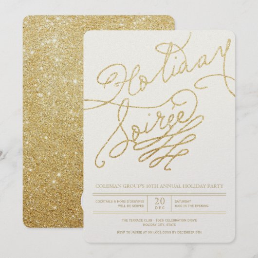 Holiday Soiree Gold Glitter Script Stijlvol feest Kaart (Voorkant / Achterkant)