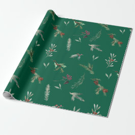 Holiday Spruce & Red Berries Forest Green Cadeaupapier