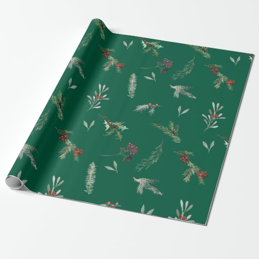 Holiday Spruce & Red Berries Forest Green Cadeaupapier (Uitgerold)