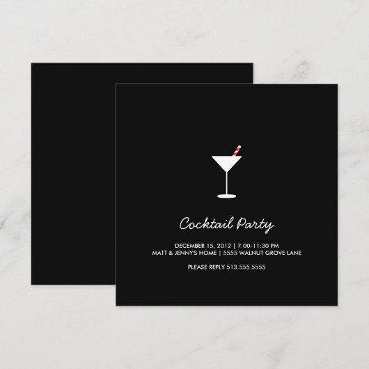 Holiday Swizzle Cocktail Party Invitation Black 2 Kaart (Voorkant / Achterkant)