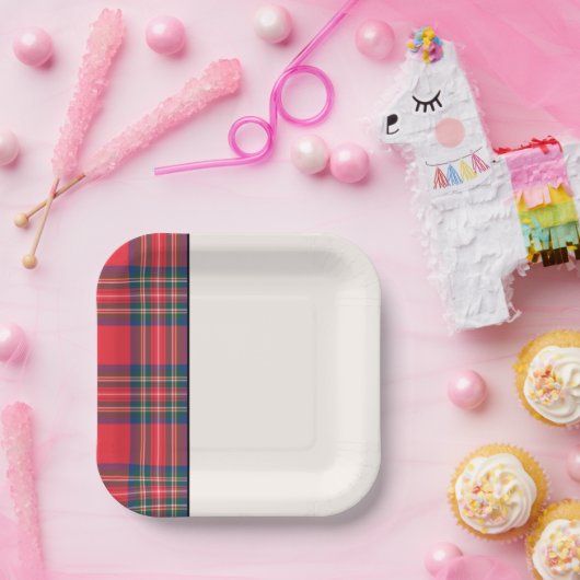 Holiday Tartan Plaid Feestelijke Twee Tone Rood Zw Papieren Bordje (Feest)