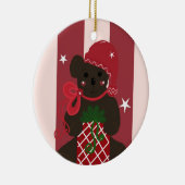 Holiday Teddy Bear op een Rode Striped Achtergrond Keramisch Ornament (Rechts)