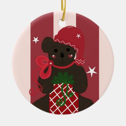 Holiday Teddy Bear op een Rode Striped Achtergrond Keramisch Ornament (Voorkant)