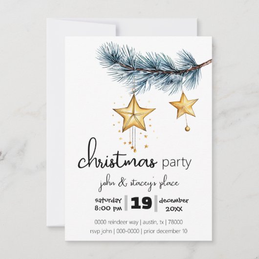 Holiday Tree Branch met hangende Gold Stars Party Kaart (Voorkant)