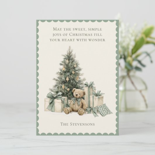 Holiday Tree Presents Teddy Bear Rustic Christmas Feestdagenkaart (Staand voorkant)