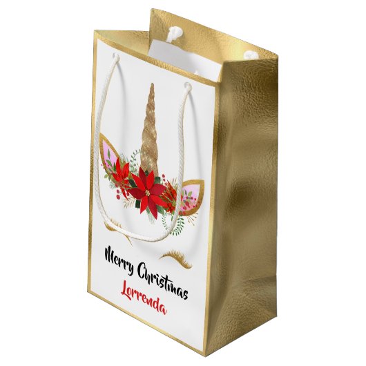 Holiday Unicorn Merry kerstnaam Gold Red Pink Klein Cadeauzakje (Achterkant Gekanteld)