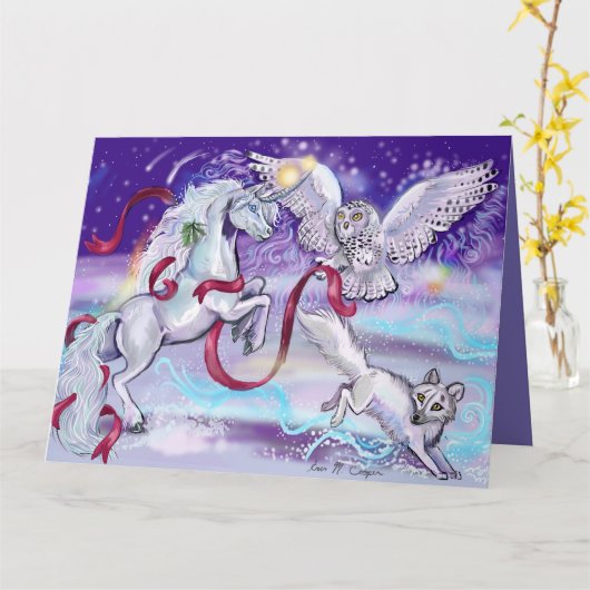 Holiday Unicorn Owl en Fox Kaart (Gele Bloem)