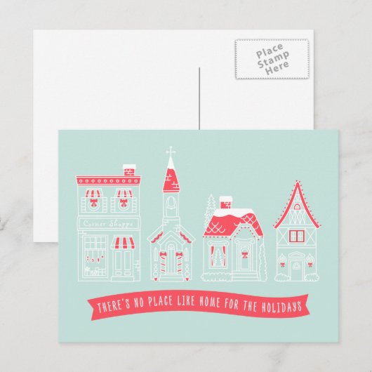 Holiday Village Illustration Kerst Briefkaart (Voorkant / Achterkant)