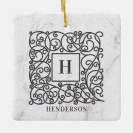 Holiday White Marble Monogram Familienaam Keramisch Ornament