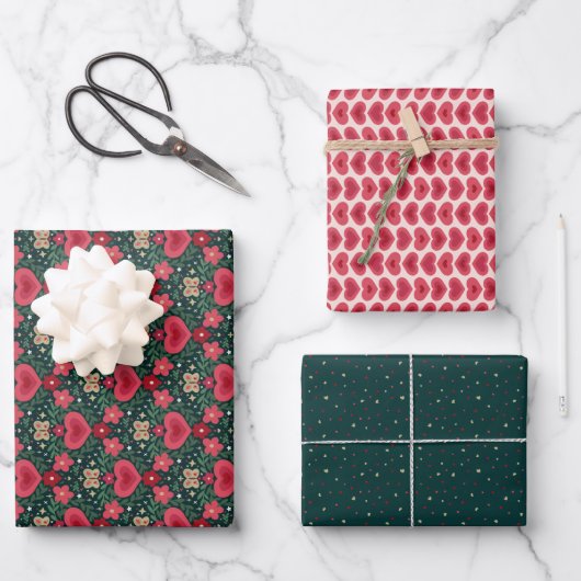 Holiday Wrapping Paper Set – Hearts, Flowers, Dots (Voorkant)