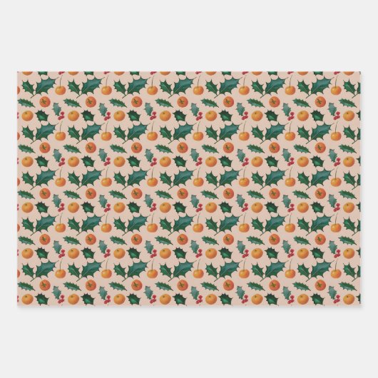 Holiday Wrapping Paper with Fruit & Holly, Pink (Voorkant)