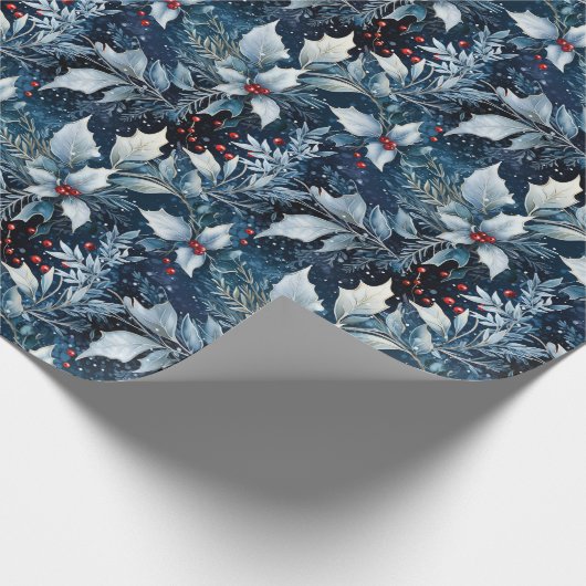 Holiday Wrapping Papier Blauw Frosted Holly (Hoek)