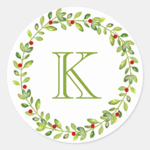 Holiday Wreater Initiaal Monogram, Groen Ronde Sticker
