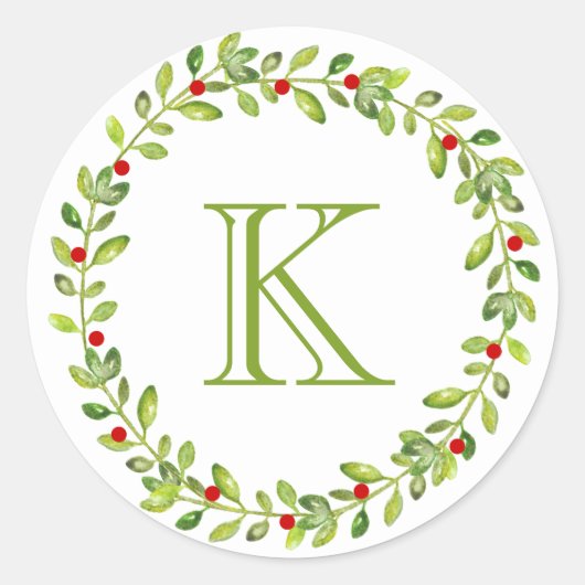 Holiday Wreater Initiaal Monogram, Groen Ronde Sticker (Voorkant)