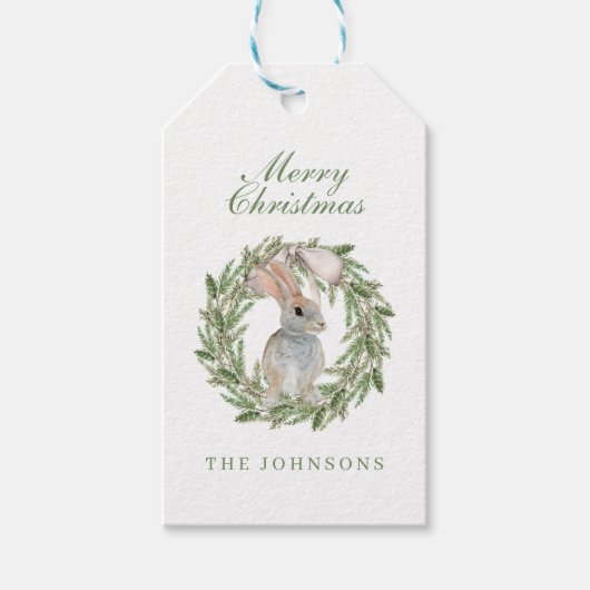 Holiday Wreath Bow Schattige Bunny Rabbit Kerstmis Cadeaulabel (Voorkant)