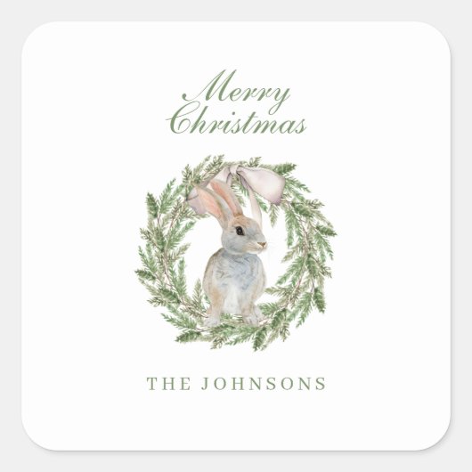Holiday Wreath Bow Schattige Bunny Rabbit Kerstmis Vierkante Sticker (Voorkant)