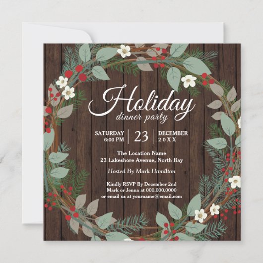 Holiday Wreath Christmas Dinner Party Uitnodiging (Voorkant)