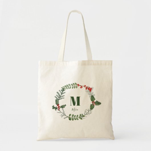 Holiday Wreath Greenery Berry Initiaal Persoonlijk Tote Bag (Voorkant)
