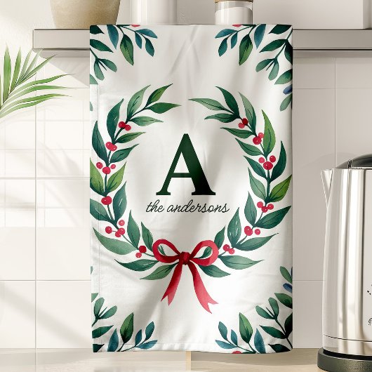 Holiday Wreath Monogram Gepersonaliseerde Kerst Theedoek