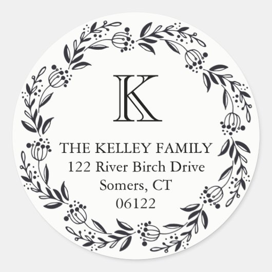 Holiday Wreath Rustic Black Initiaal Monogram Ronde Sticker (Voorkant)