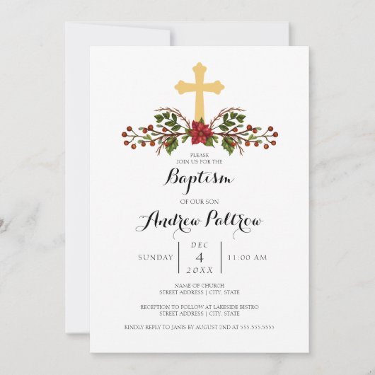 Holiday Wreator Gold Cross Baptism Uitnodiging (Voorkant)