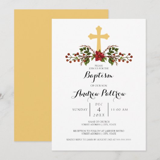 Holiday Wreator Gold Cross Baptism Uitnodiging (Voorkant / Achterkant)