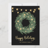 Holiday Wreator met Gold String Lights op Black Feestdagenkaart (Voorkant)