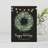 Holiday Wreator met Gold String Lights op Black Feestdagenkaart (Staand voorkant)