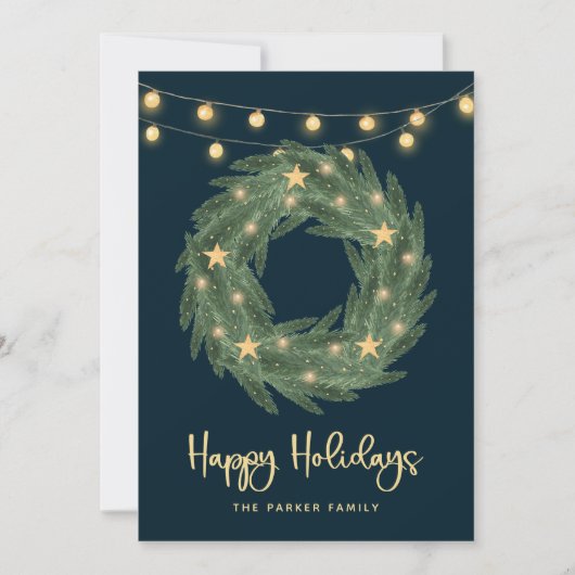 Holiday Wreator met Gold String Lights op Blue Feestdagenkaart (Voorkant)