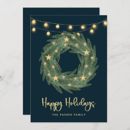 Holiday Wreator met Gold String Lights op Blue Feestdagenkaart