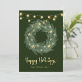 Holiday Wreator met Gold String Lights op Green Feestdagenkaart (Staand voorkant)