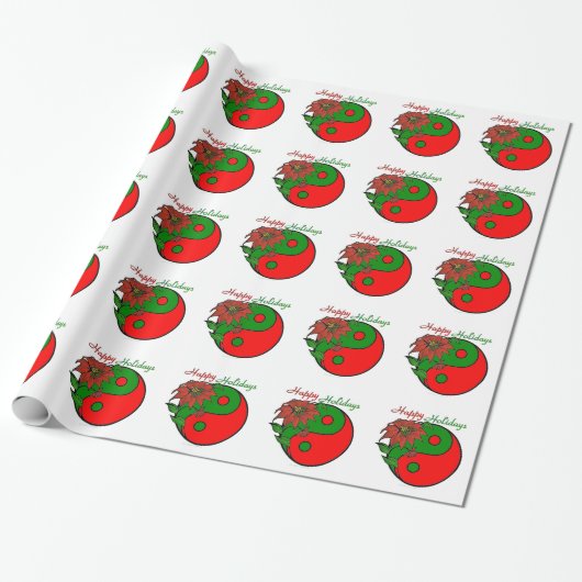 Holiday Yin Yang Poinsettia Green Red Cadeaupapier (Uitgerold)
