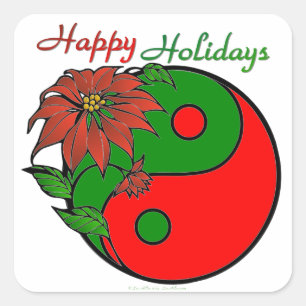 Holiday Yin Yang Poinsettia Green Red Vierkante Sticker