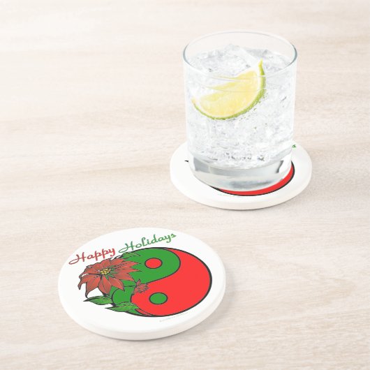 Holiday Yin Yang Poinsettia Green Red Zandsteen Onderzetter (Zijkant)