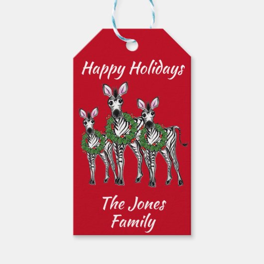 Holiday Zebras, feestelijke kerstboomschild Cadeaulabel (Voorkant)