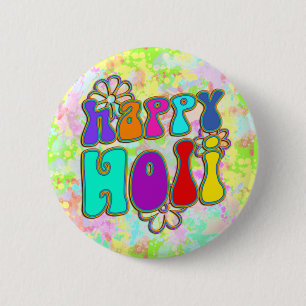 holiES - HAPPY HOLI gekleurde omtrek bloemen 1 Ronde Button 5,7 Cm