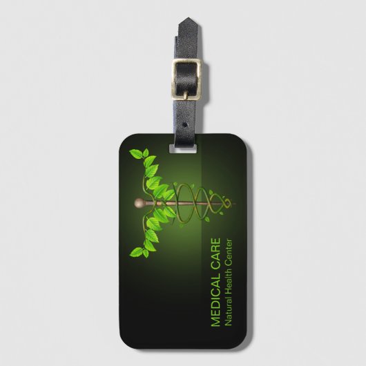 Holistic Alternative Medical Caduceus Green Leaves Bagagelabel (Voorkant (verticaal))