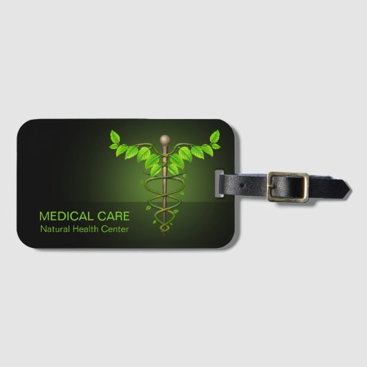 Holistic Alternative Medical Caduceus Green Leaves Bagagelabel (Voorkant (horizontaal))