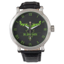 Holistic Alternative Medical Caduceus Green Leaves Horloge