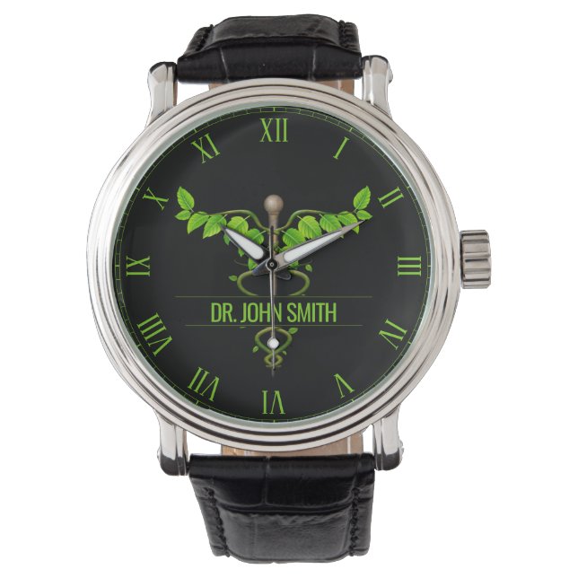 Holistic Alternative Medical Caduceus Green Leaves Horloge (Voorkant)