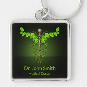 Holistic Alternative Medical Caduceus Green Leaves Sleutelhanger