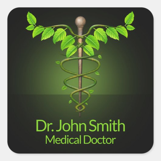 Holistic Alternative Medical Caduceus Green Leaves Vierkante Sticker (Voorkant)