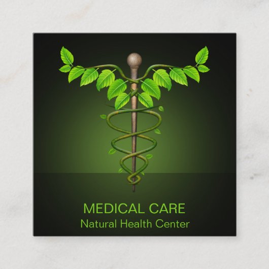 Holistic Alternative Medical Caduceus Green Leaves Vierkante Visitekaartje (Voorkant)